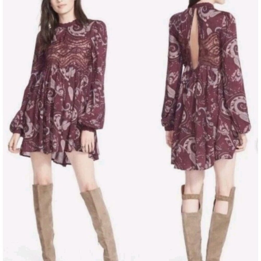Free People Tunic/Mini Dress Boho Hippie Lace Whimsigoth Paisley XS Burgundy